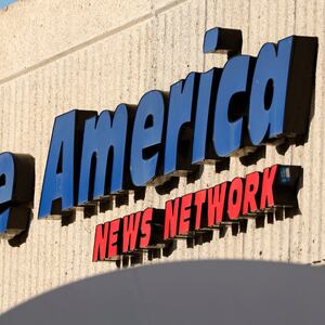 The One America News Network logo is displayed on the One America News Network headquarters on February 2, 2024 in San Diego, California.