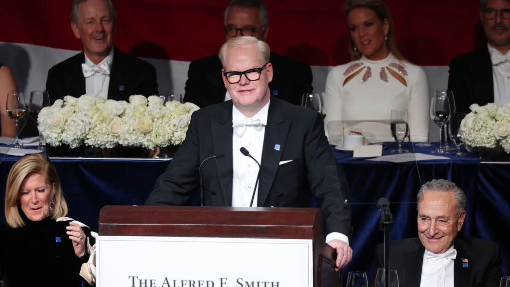 Comedian Jim Gaffigan speaks during the annual Alfred E. Smith Foundation Dinner at the New York Hilton Midtown on October 17, 2024 in New York City. Republican presidential nominee, former President Donald Trump was the featured speaker with Gaffigan as the Master of Ceremonies at the the 79th Annual Alfred E. Smith Memorial Foundation Dinner. The dinner, a white-tie charity event that benefits Catholic charities, is known for political figures poking fun at one another. The foundation honors the late Alfred E. Smith, former governor of New York and America's first Catholic presidential nominee.