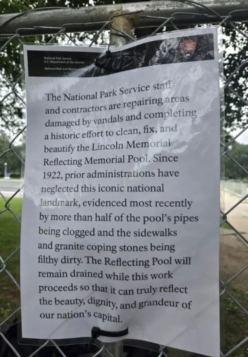 New signs around the Lincoln Memorial  Reflecting Pool.