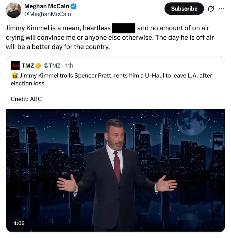 Meghan McCain X post about Kimmel