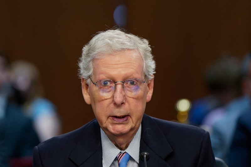 U.S. Senator Mitch McConnell (R-KY) speaks on behalf of one of U.S. President Donald Trump's judicial nominees during a Senate Judiciary Committee confirmation hearing on Capitol Hill in Washington, D.C., U.S., July 30, 2025. REUTERS/Elizabeth Frantz