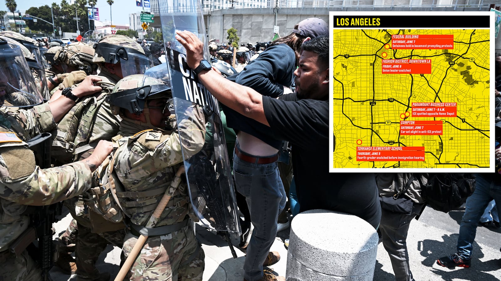 A photo of the protests against ICE raids in Los Angeles and a locator map.