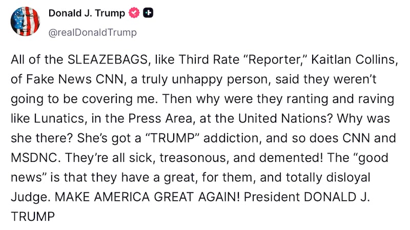 Donald Trump posts about Kaitlan Collins on Truth Social.