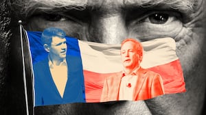 Illo illustration of Donald Trump's official portrait behind a Texas flag featuring James Talarico and Ken Paxton