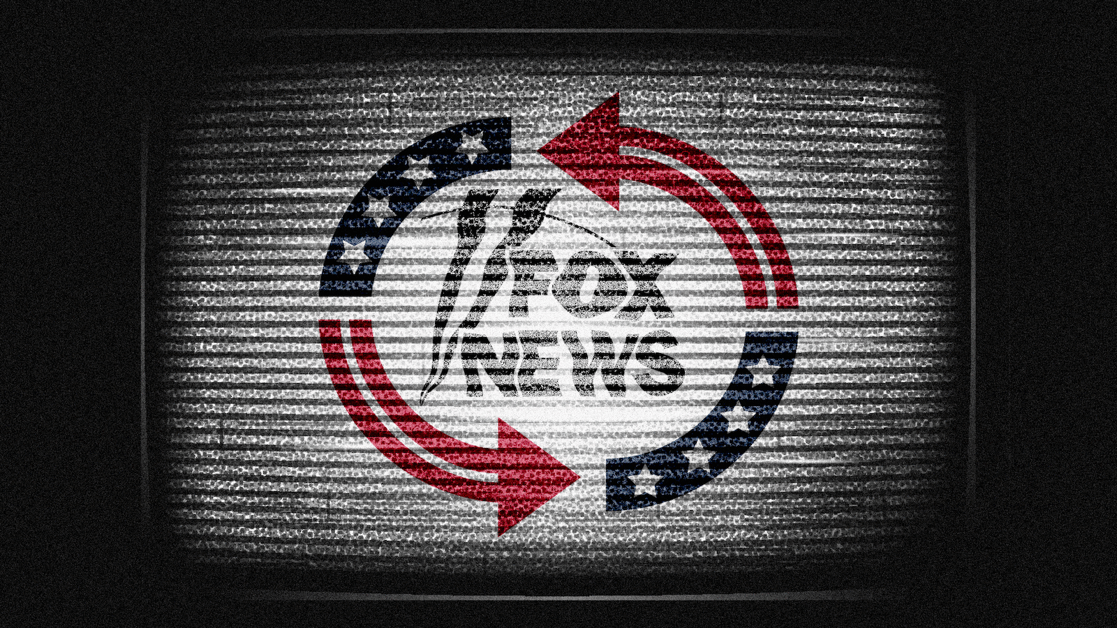 Photo illustrative gif of an adapted version of the Turning Point USA logo with a glitching Fox News logo on a static TV screen.
