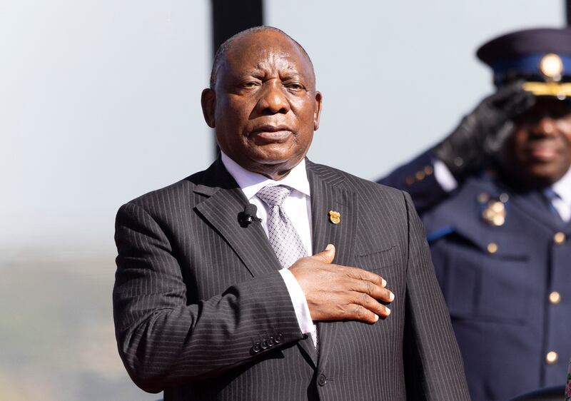 TOPSHOT - South Africa's Cyril Ramaphosa attends the oath of office ceremony for his second term as South African President at the Union Buildings in Pretoria on June 19, 2024. (Photo by Kim LUDBROOK / POOL / AFP) (Photo by KIM LUDBROOK/POOL/AFP via Getty Images)