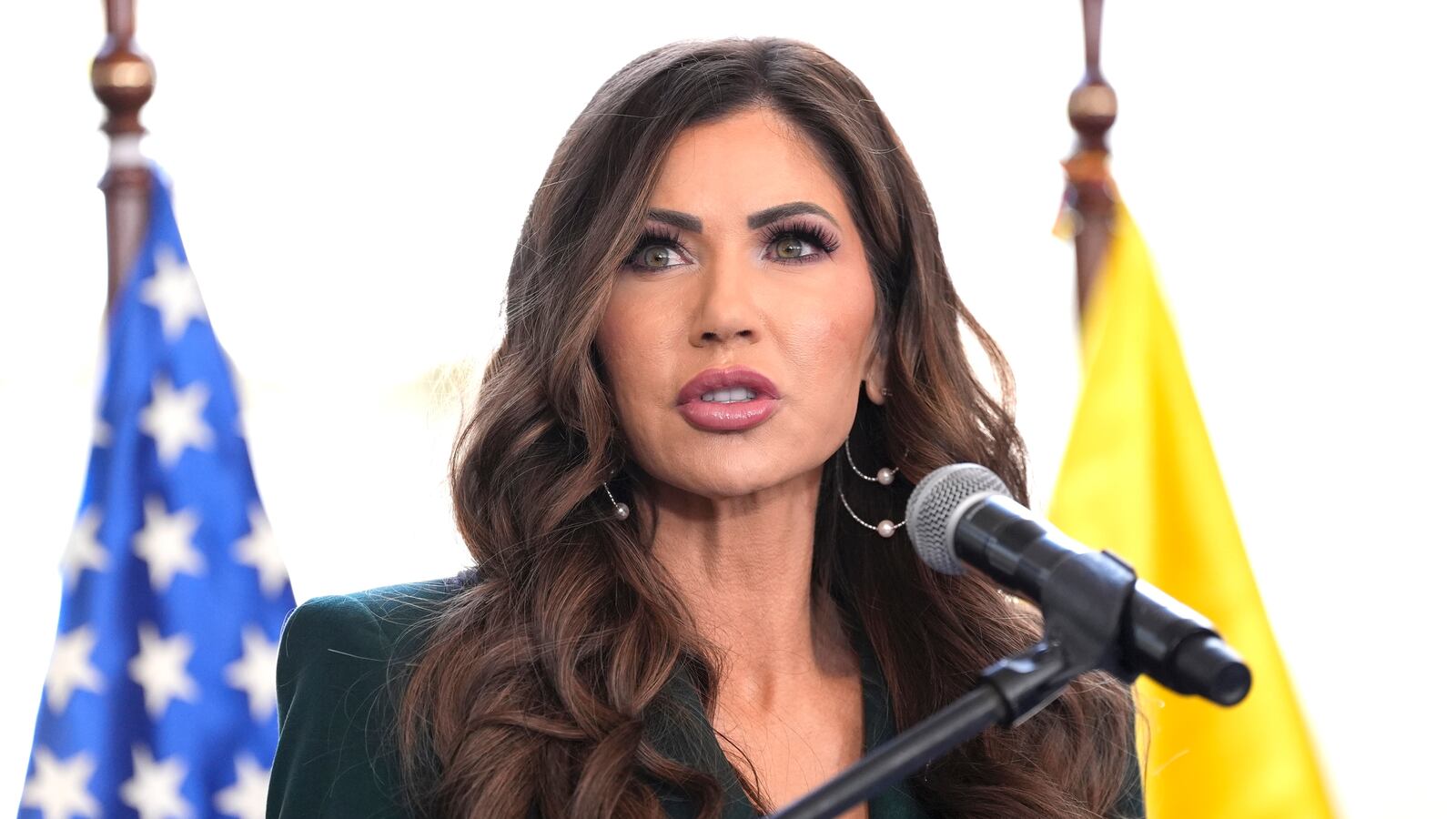 Homeland Security Secretary Kristi Noem speaks during a press briefing with Ecuador's Minister of Interior John Reinberg at the Ecuadorian Presidential Palace on July 31, 2025 in Quito, Ecuador.