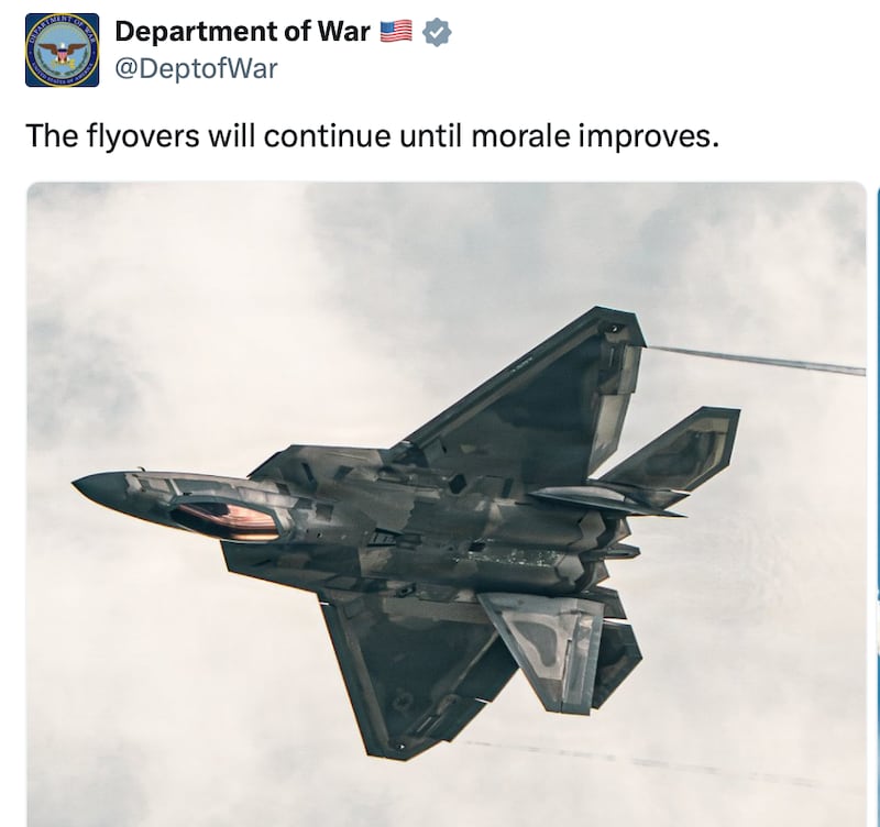 The Department of War post about continuing military flyovers.