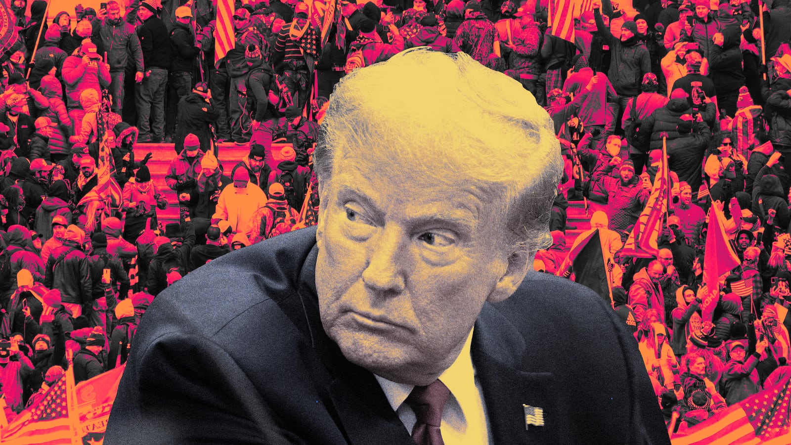 A photo illustration of Donald Trump and the Jan. 6 riot at the Capitol building.