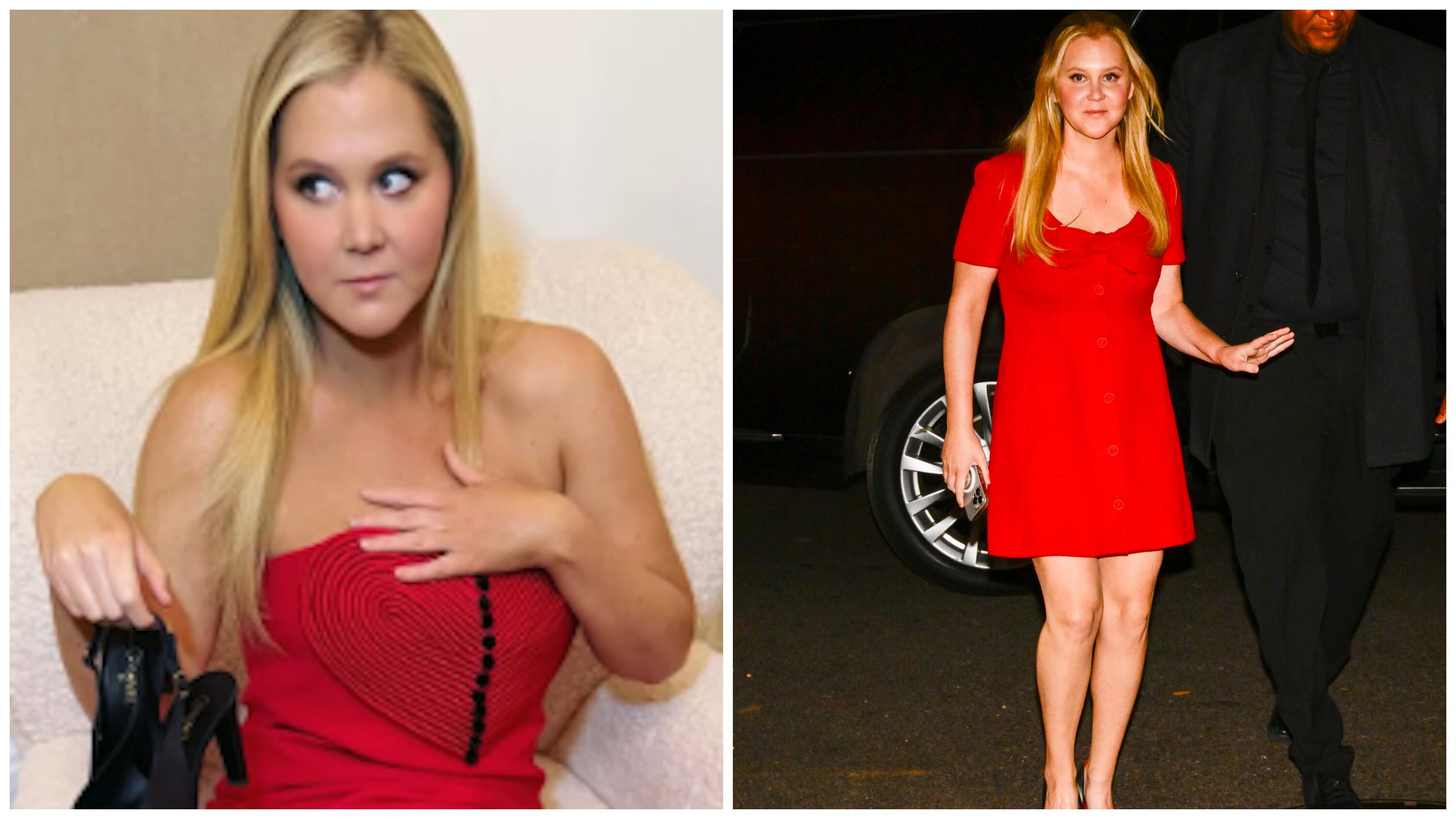Amy Schumer in two red dresses