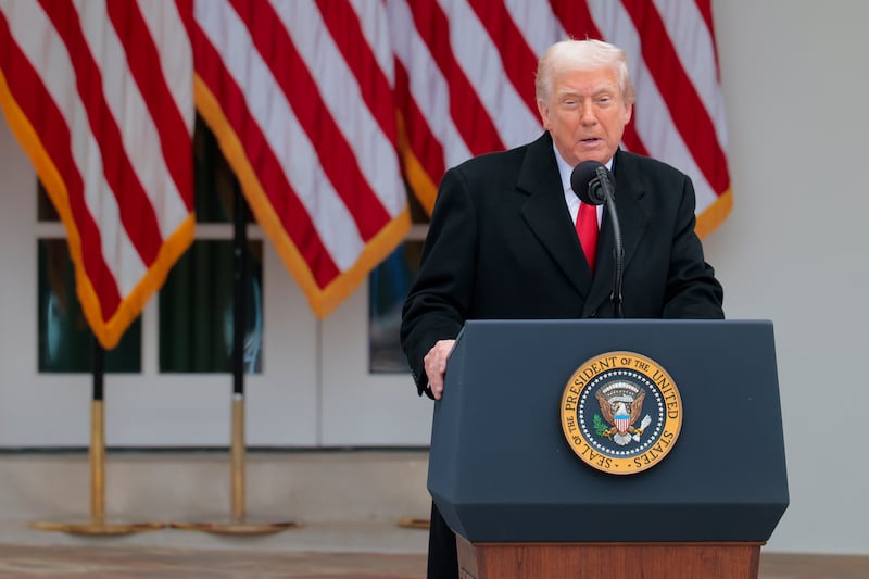 President Donald Trump delivers remarks during the 78th annual National Thanksgiving Turkey Presentation in the Rose Garden of the White House on November 25, 2025 in Washington, DC.