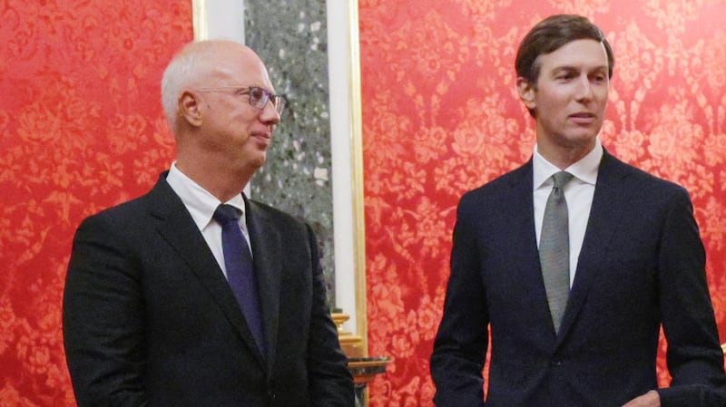 In this pool photograph distributed by the Russian state agency Sputnik, Russia's presidential envoy Kirill Dmitriev (L) speaks with US President Donald Trump's son-in-law Jared Kushner (C) and US Special Envoy Steve Witkoff (R) prior to their meeting with Russian president in Moscow on September 5, 2026. Russian President Vladimir Putin met with US envoys Steve Witkoff and Jared Kushner on September 5, 2026 for talks on ending more than four years of war in Ukraine. "The situation is of course not simple," Putin told the US officials in footage aired on Russian state media. (Photo by Gavriil GRIGOROV / POOL / AFP via Getty Images) / *** Editor's note: This image is distributed by the Russian state owned agency Sputnik ***