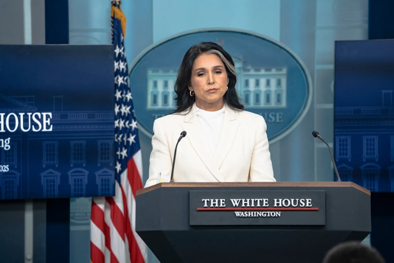 White House Press Secretary Karoline Leavitt speaks during a press with Director of National Intelligence Tulsi Gabbard speaks during a press briefing at the White House in Washington, Wednesday, July 23, 2025. (Photo by Andrew Thomas / Middle East Images via AFP) (Photo by ANDREW THOMAS/Middle East Images/AFP via Getty Images)