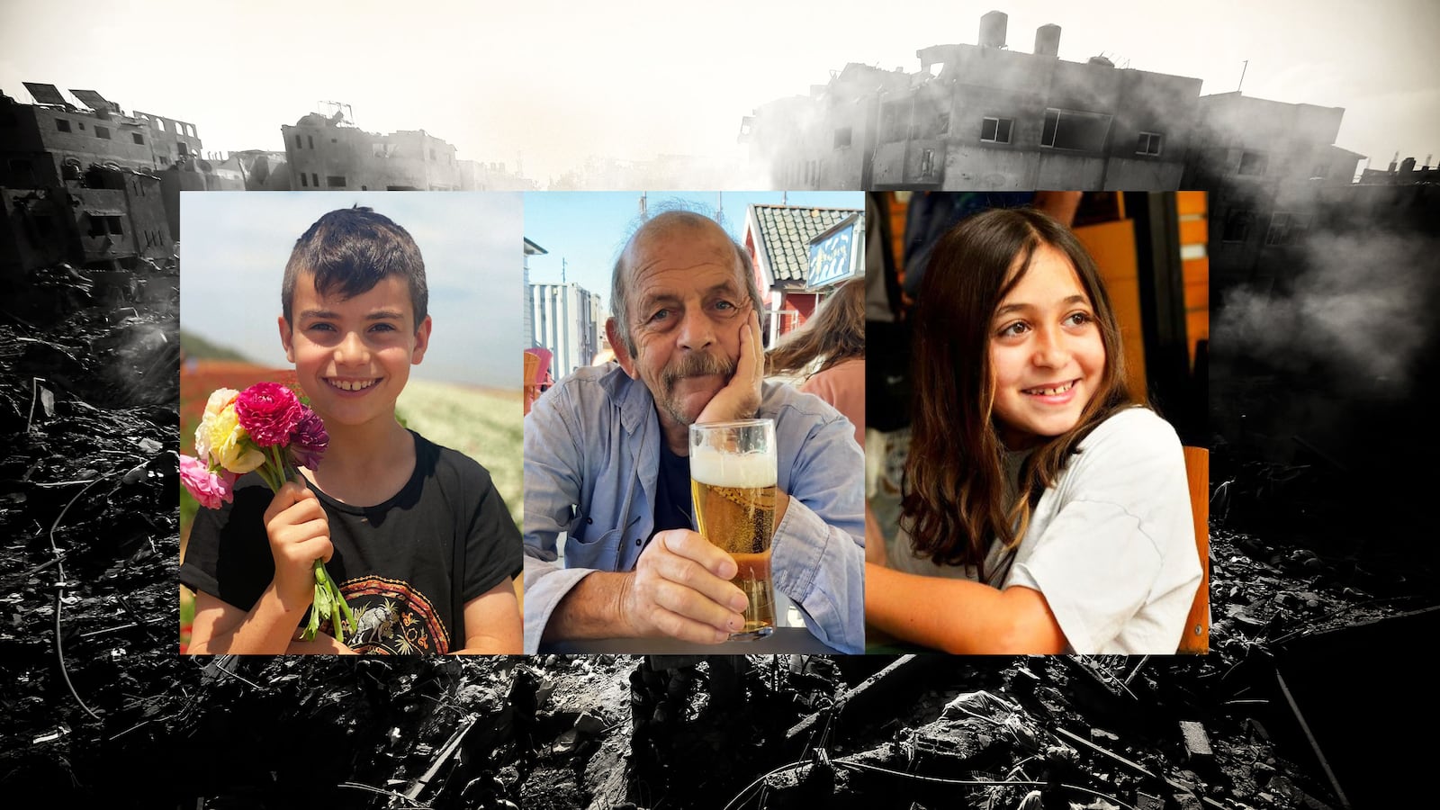 A triptych of Israeli hostages in front of a picture of rubble in Gaza