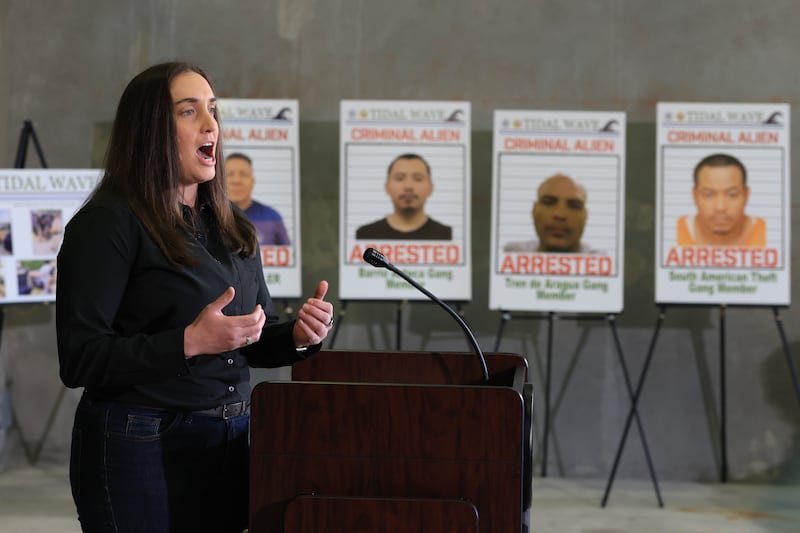 Deputy Director, U.S. Immigration and Customs Enforcement Madison Sheahan speaks during a press conference, in front of posters of people that law enforcement arrested, held at the ICE-Enforcement and Removal Operation office on May 01, 2025 in Miramar, Florida. Sheahan talked about a multi-agency immigration enforcement effort named Operation Tidal Wave that they say resulted in more than 1,100 arrests in a single week in Florida.