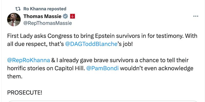 GOP Rep. Thomas Massie pressed for the Justice Department to act after First Lady Melania's statement on Jeffrey Epstein.