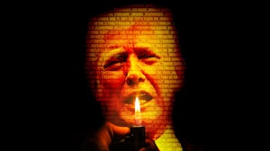 Donald Trump with a light lighter in front of his face with the lyrics of "we didn't start the fire" covering his face