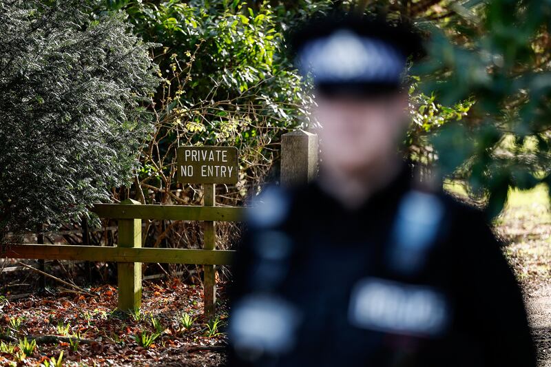 A police officer guards an entrance at the Sandringham Estate, as Andrew Mountbatten-Windsor was released under investigation following arrest on suspicion of misconduct in public office on Thursday, after the U.S. Justice Department released more records tied to the late financier and convicted sex offender Jeffrey Epstein, in Norfolk, Britain, February 22, 2026.