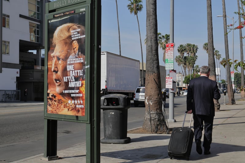 A billboard featuring U.S. President Donald Trump produced by Everyone Hates Elon is displayed on Sunset Blvd. on March 15, 2026, in Los Angeles, California.