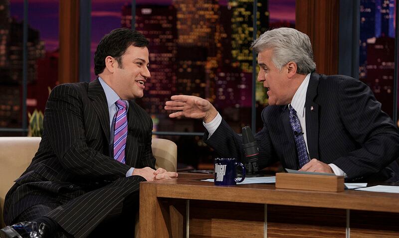 THE TONIGHT SHOW WITH JAY LENO -- Air Date 1/10/08 -- Episode 3473 -- Pictured: (l-r) Talk show host Jimmy Kimmel during an interview with host Jay Leno on January 10, 2008  (Photo by Paul Drinkwater/NBCU Photo Bank/NBCUniversal via Getty Images via Getty Images)