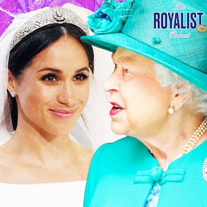 A photo illo illustration of Meghan Markle and Queen Elizabeth for The Royalist podcast.