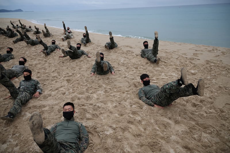 Members of U.S. Special Operations Command Korea and South Korea’s Army Special Warfare Command take part in a joint maritime infiltration training as part of the Ulchi Freedom Shield (UFS) exercise, at a shore in Yangyang, South Korea, August 28, 2023.