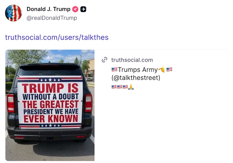 Screenshot of Trump's Truth Social post.