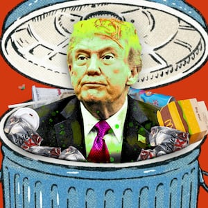 A photo illustration of President Donald Trump in a trashcan.