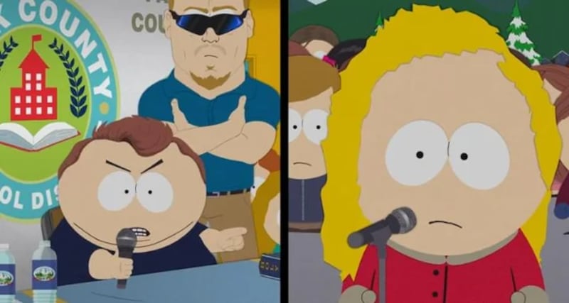 Eric Cartman debating a student as a parody of Charlie Kirk on South Park.