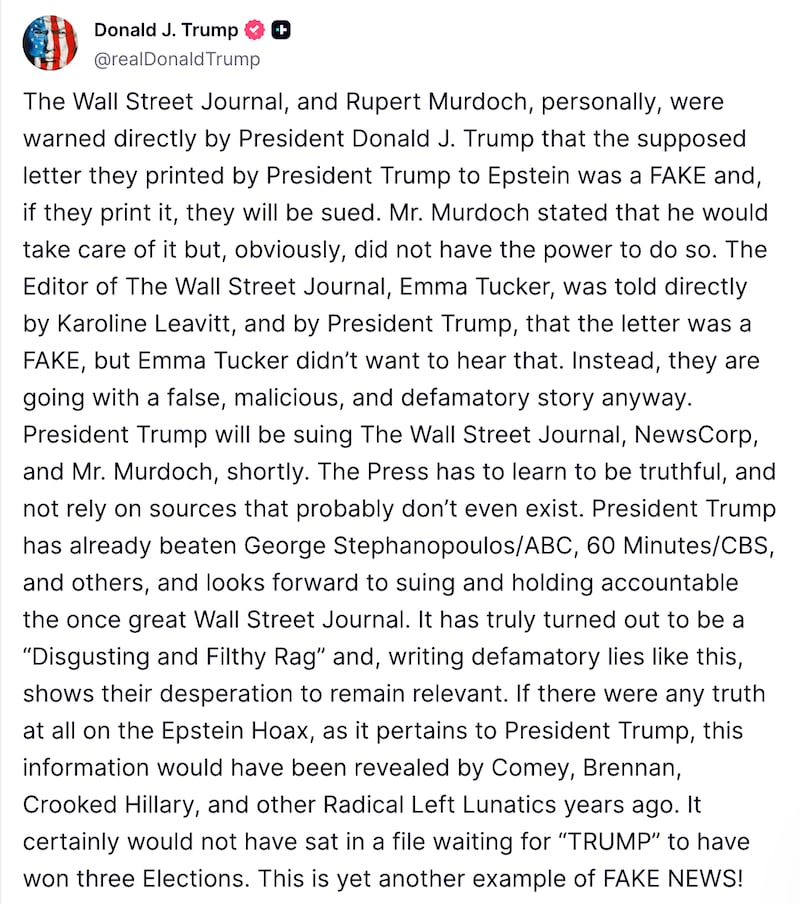 Donald Trump’s lengthy attack on the Wall Street Journal posted Thursday evening.