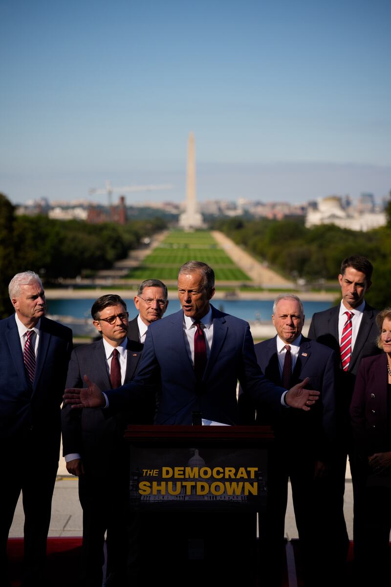 Senate Majority Leader John Thune (R-SD) (C) accompanied by (L-R), House Majority Whip Tom Emmer (R-MN), Speaker of the House Mike Johnson (R-LA), Senate Majority Whip John Barrasso (R-WY), House Majority Leader Steve Scalise (R-LA), Sen. Tom Cotton (R-AR), and Sen. Shelley Moore Capito (R-WV)