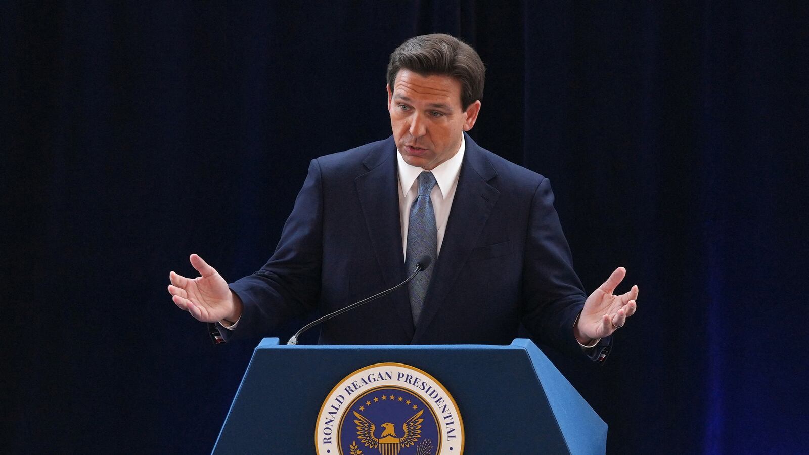 Florida Governor and likely 2024 Republican presidential candidate Ron DeSantis speaks at the Ronald Reagan Presidential Library in Simi Valley, California, U.S. March 5, 2023.