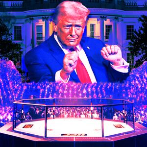 A photo illustration of Donald Trump, the White House, and a UFC fight and crowd.