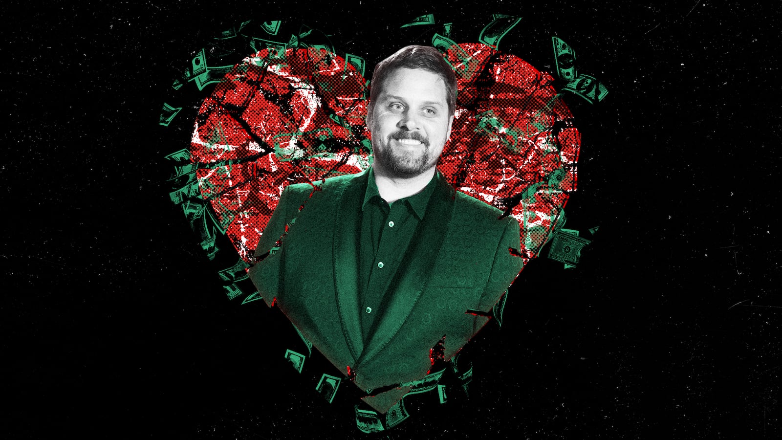 A photo illustration of Shark Tank star Nate Holzapfel over a broken heart and flying money.