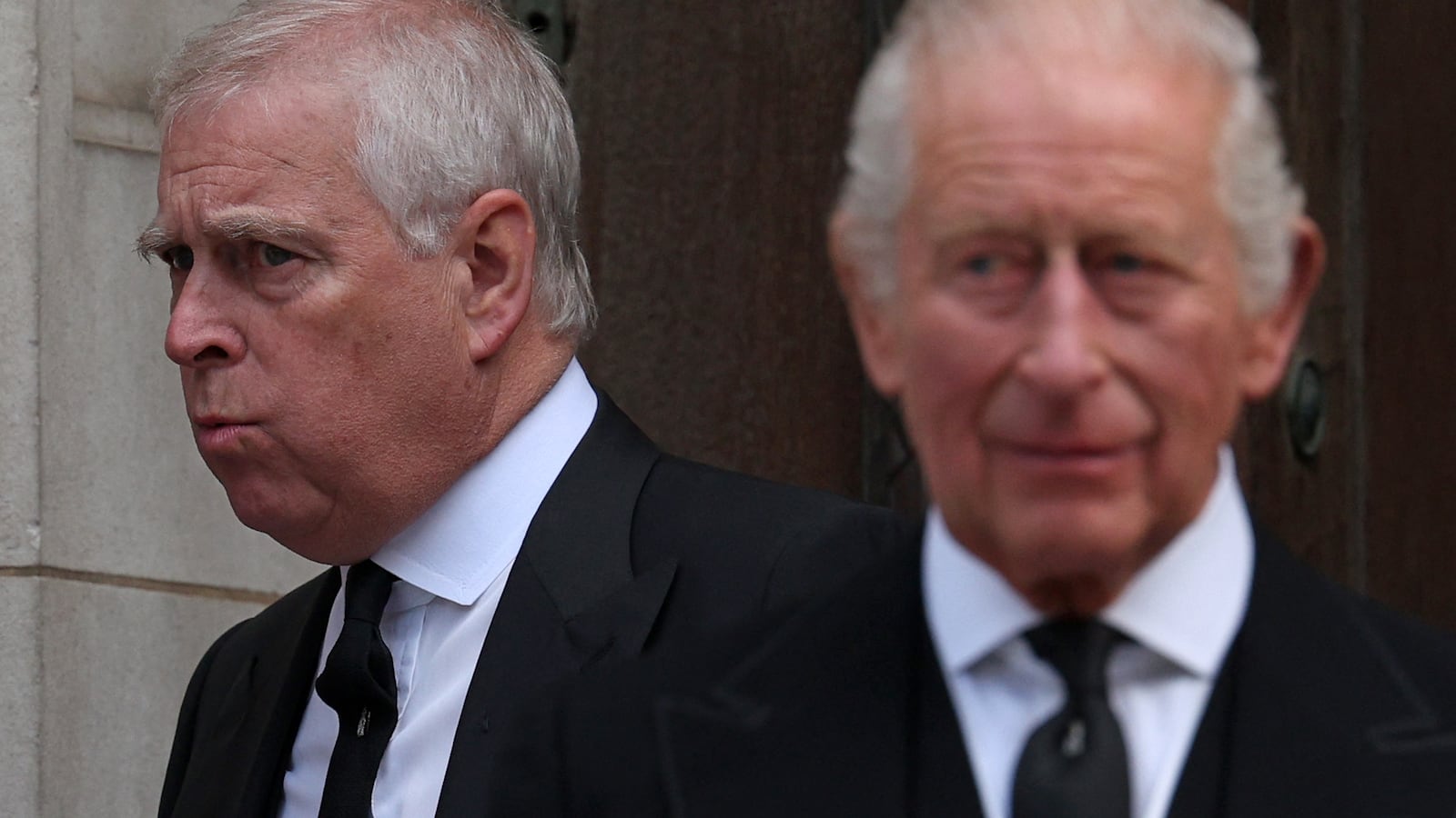 Britain's Prince Andrew, Duke of York (L) and Britain's King Charles III leave following a Requiem Mass, a Catholic funeral service, for the late Katharine, Duchess of Kent, at Westminster Cathedral in London on September 16, 2025.
