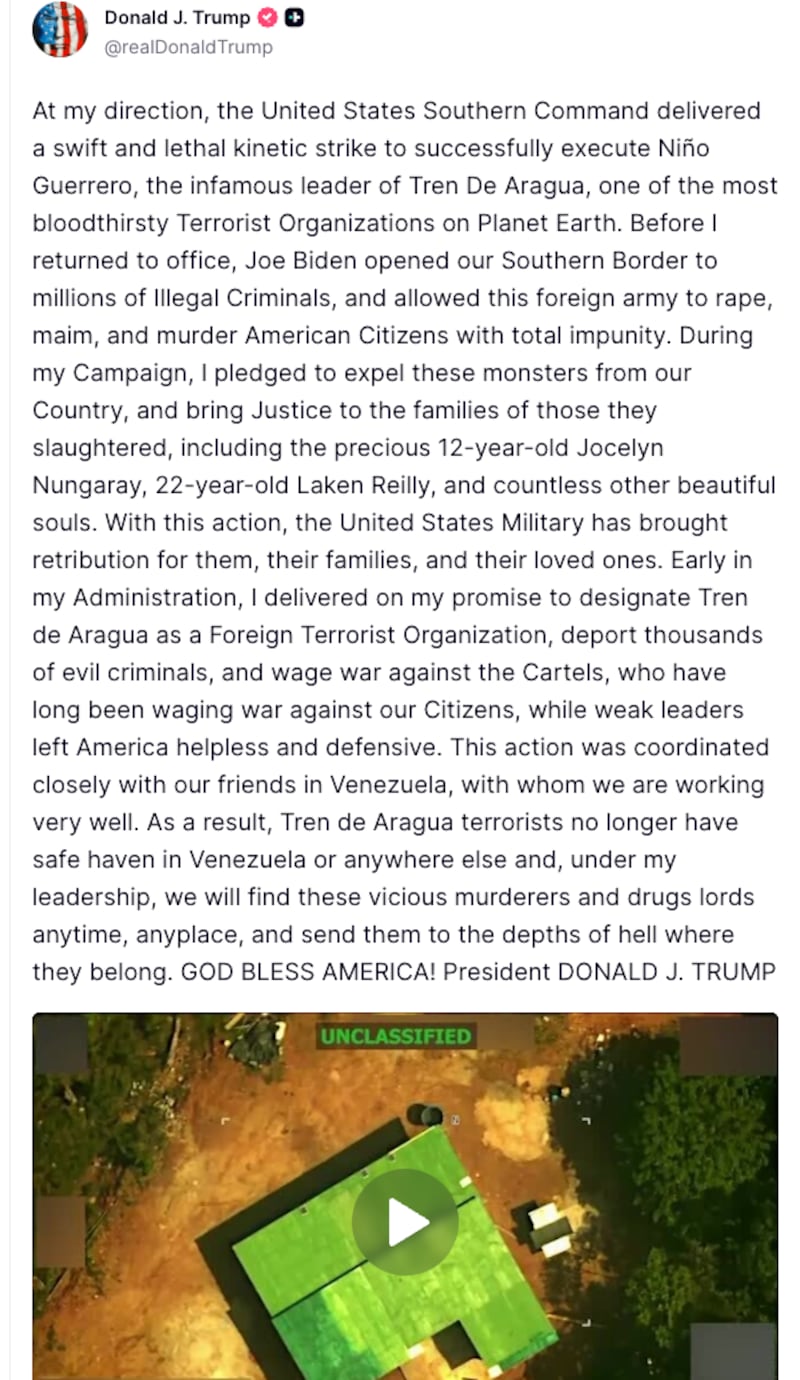 Donald Trump boasts on Truth Social of using the U.S. military to take out the leader of the Tren de Aragua drug gang.