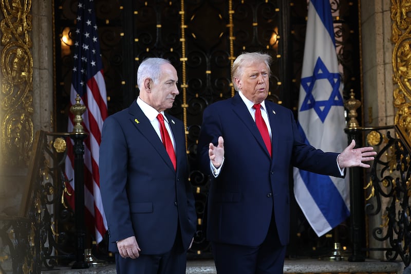 President Donald Trump welcomes Israeli Prime Minister Benjamin Netanyahu to his Mar-a-Lago club on December 29, 2025 in Palm Beach, Florida.
