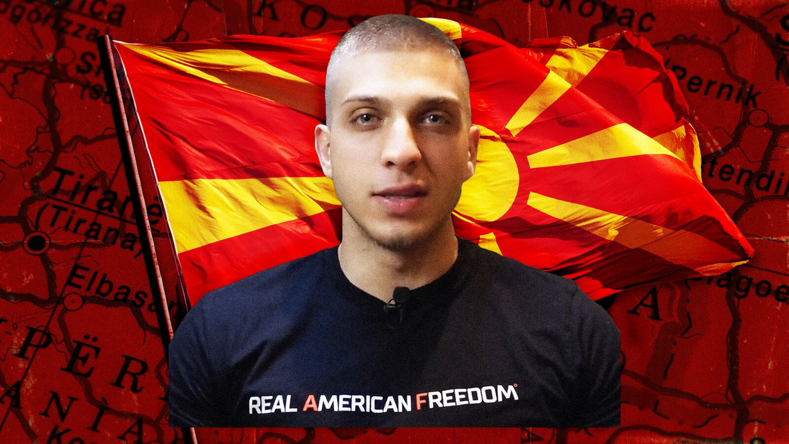 A photo illustration of Rumen Naumovski in front of a North Macedonian flag and map.