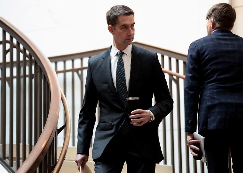 U.S. Senator Tom Cotton (R-AR) arrives to attend a briefing for senators on the situation in Venezuela, on Capitol Hill in Washington, D.C.