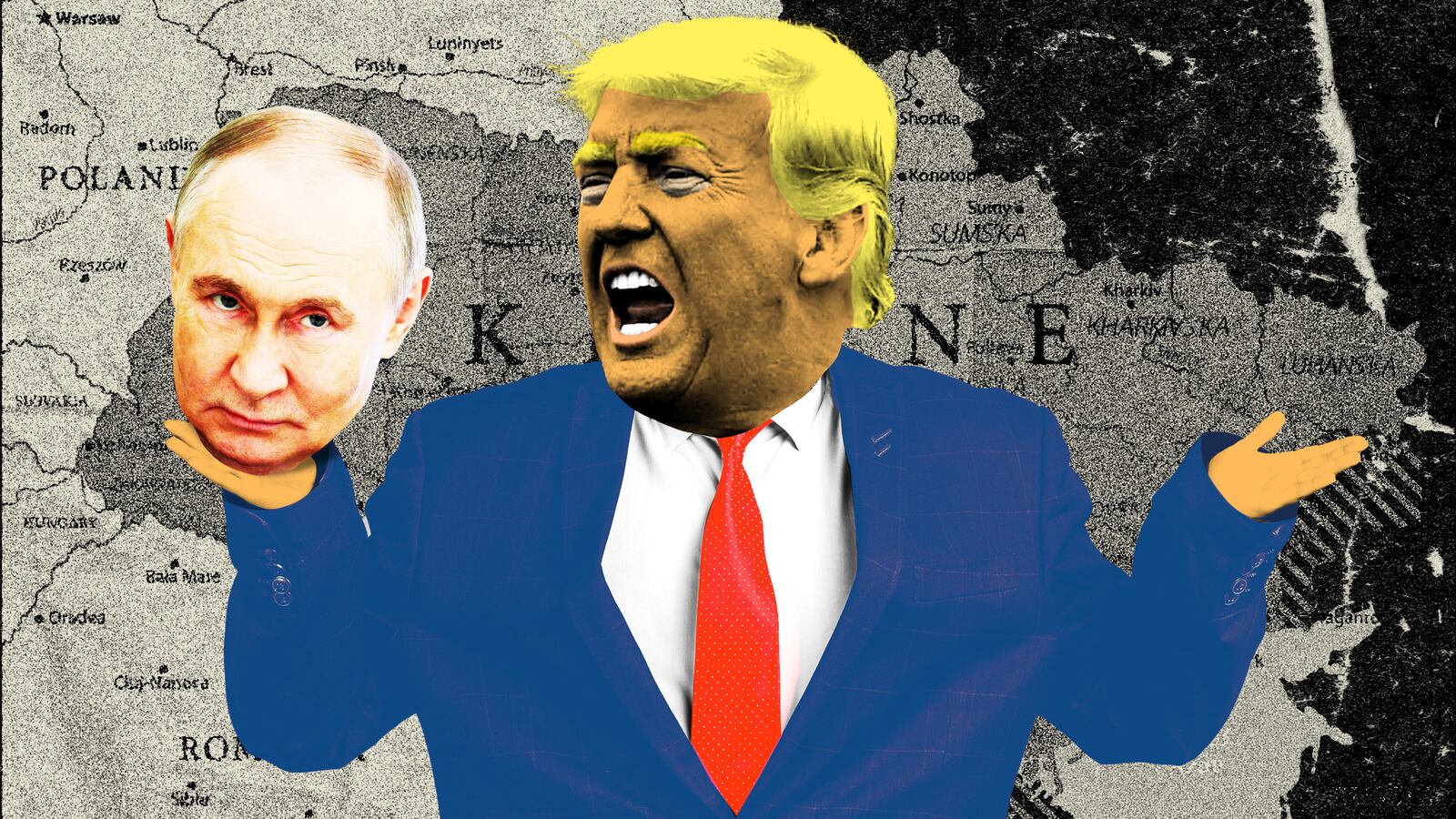 Donald Trump holding Vladimir Putin's head in his hand looking angry with a map of Ukraine and the surrounding area behind him