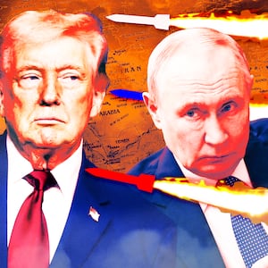 A photo illustration of Donald Trump, Putin, missiles being fired, and a global map centered on Iran.