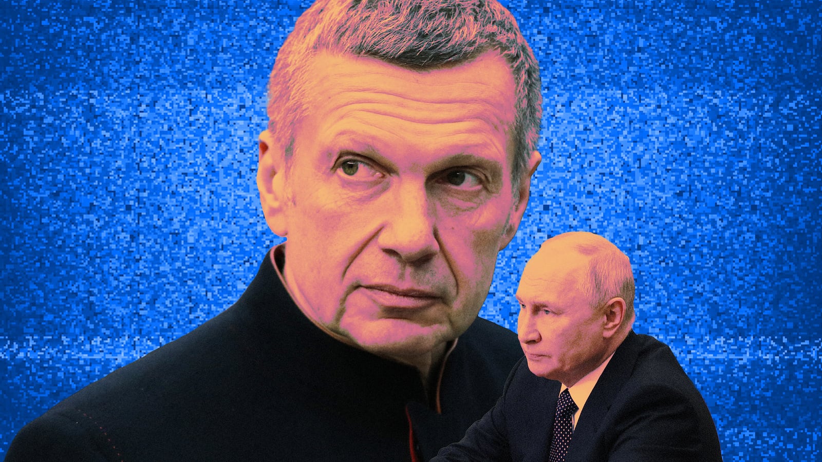 A photo illustration of Vladimir Solovyov and President Vladimir Putin.