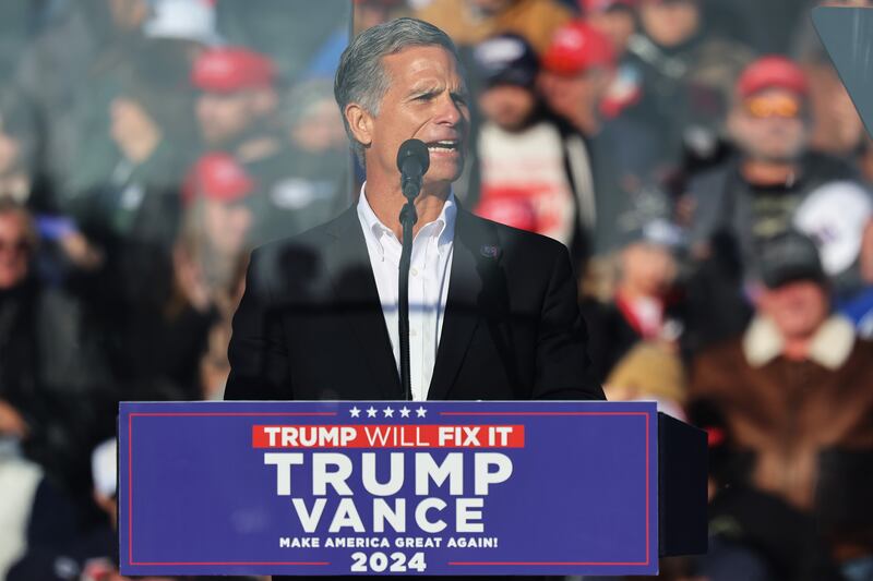 Rep. Dan Meuser (R-PA) speaks during a Donald Trump campaign rally at Lancaster Airport on November 03, 2024 in Lititz, Pennsylvania.