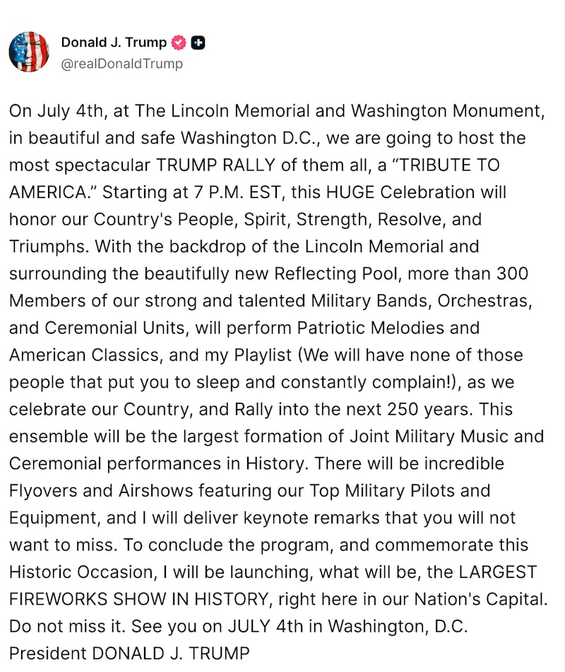 Screenshot of Trump’s Truth Social post.