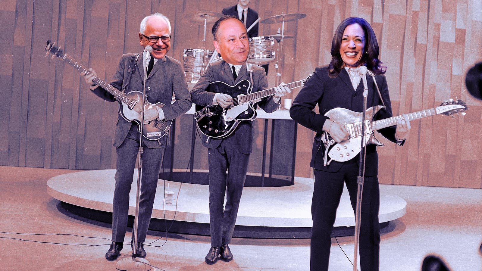 A photo illustration of Kamala Harris, Tim Walz, and Doug Emhoff, and The Beatles performing.