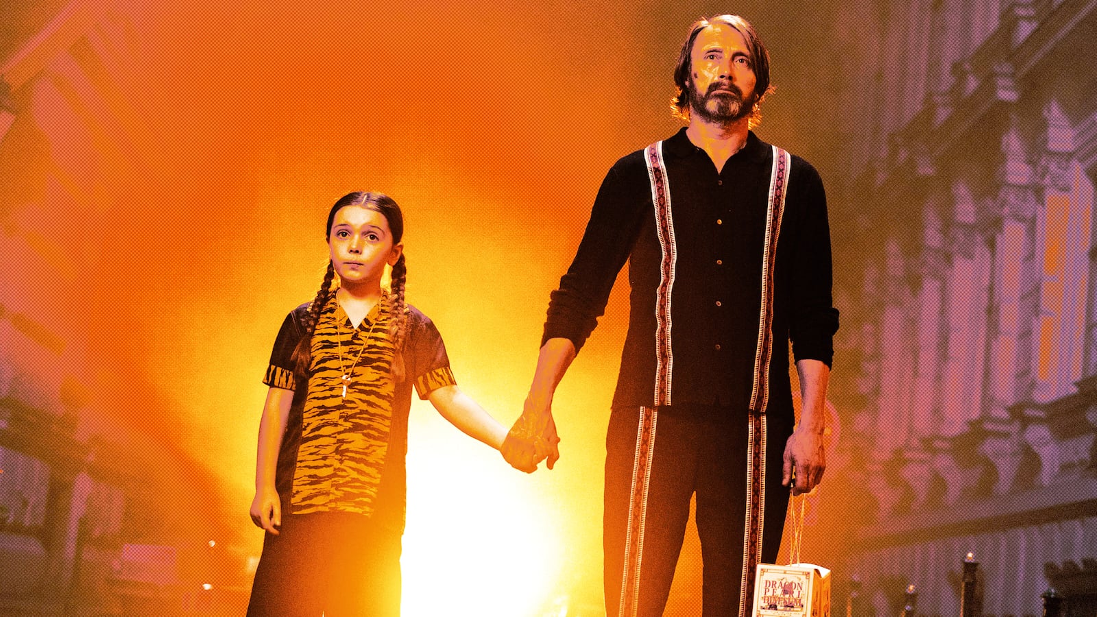 A photo illustration of Mads Mikkelsen and Sophie Sloan in Dust Bunny.