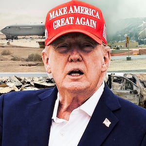 A photo composite of Donald Trump and U.S. military bases and material destroyed or damaged following Iranian strikes.