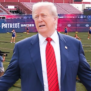 A photo composite of Donald Trump and Patriot Games Kickball event.