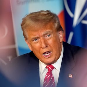 THE HAGUE, NETHERLANDS - JUNE 25: U.S. President Donald Trump speaks to media at the start of the second day of the 2025 NATO Summit on June 25, 2025 in The Hague, Netherlands. Among other matters, members are to approve a new defense investment plan that raises the target for defense spending to 5% of GDP. (Photo by Andrew Harnik/Getty Images)
