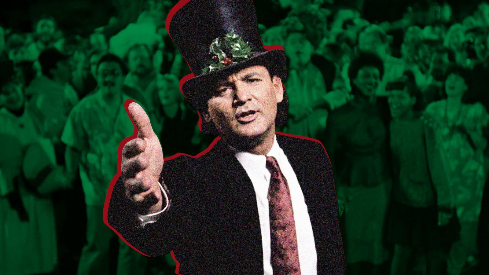 A photo illustration show the final scene of Scrooged with Bill Murray.